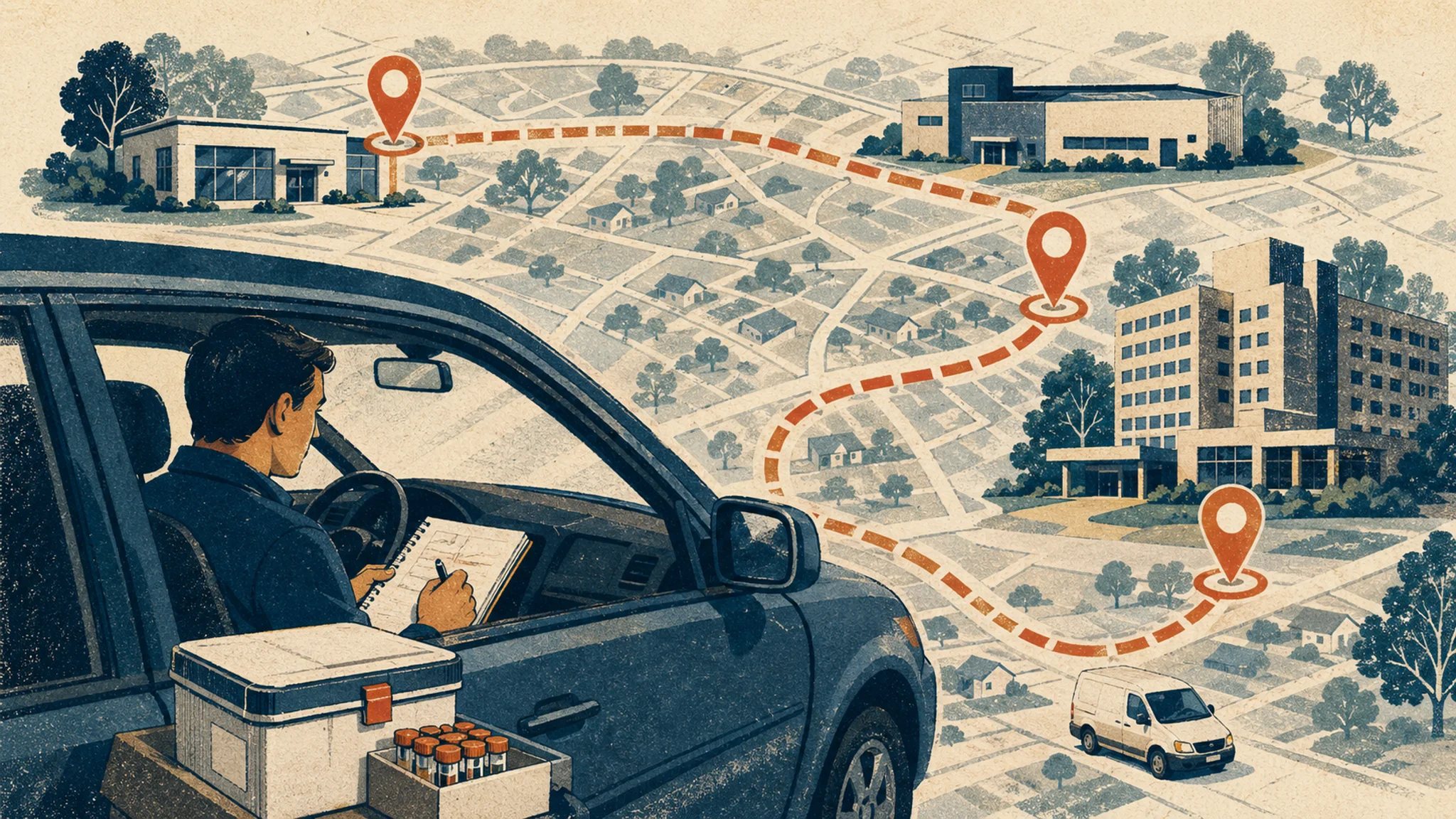 Lab sales territory planning 2026 shown as a rep routing specimen kit stops across town.