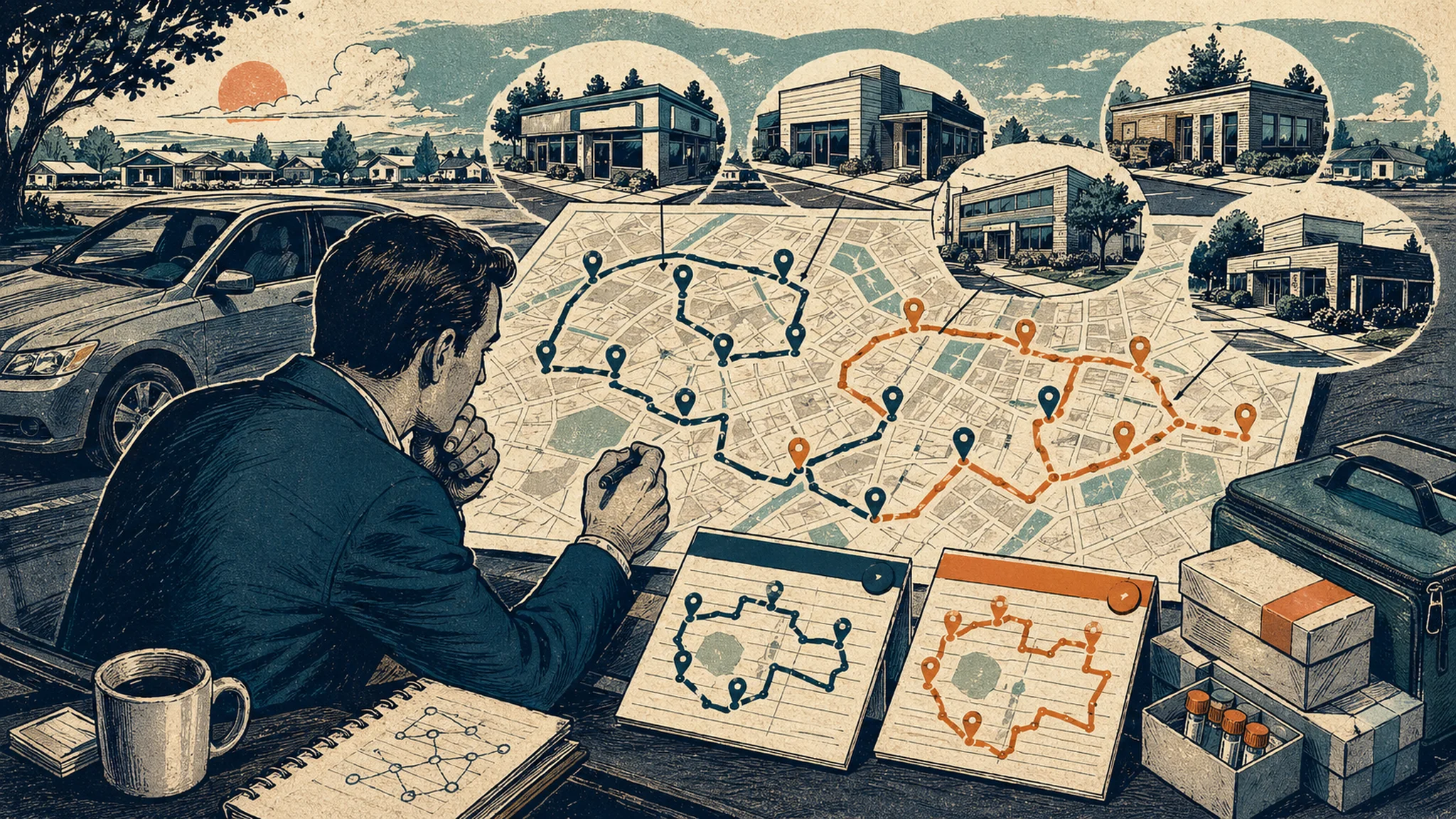 Google Maps stop limit lab sales route shown as a rep rerouting clinic stops.
