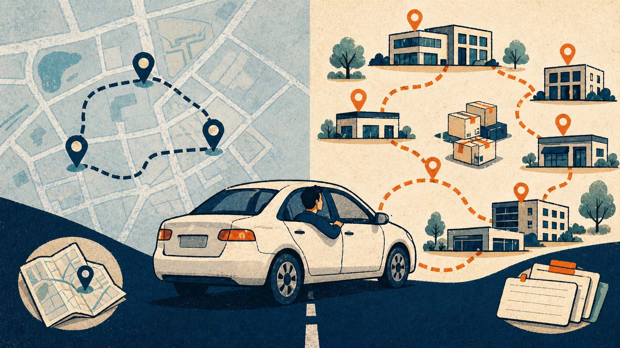 Lab sales route planning vs Google Maps shown as a rep comparing a capped map to a route loop.