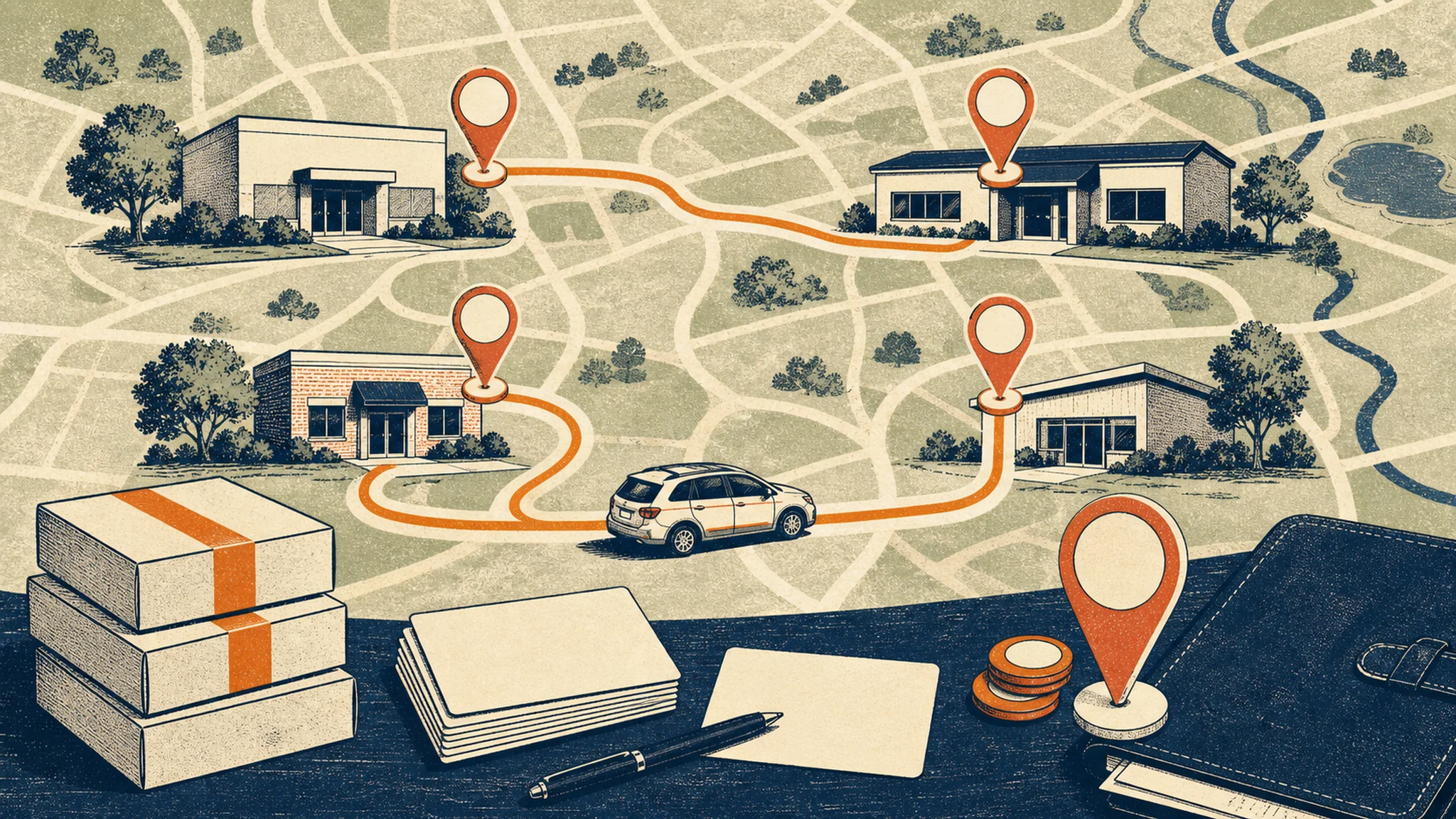 Reference lab sales route planning shown as a rep protecting pickup and follow-up windows.