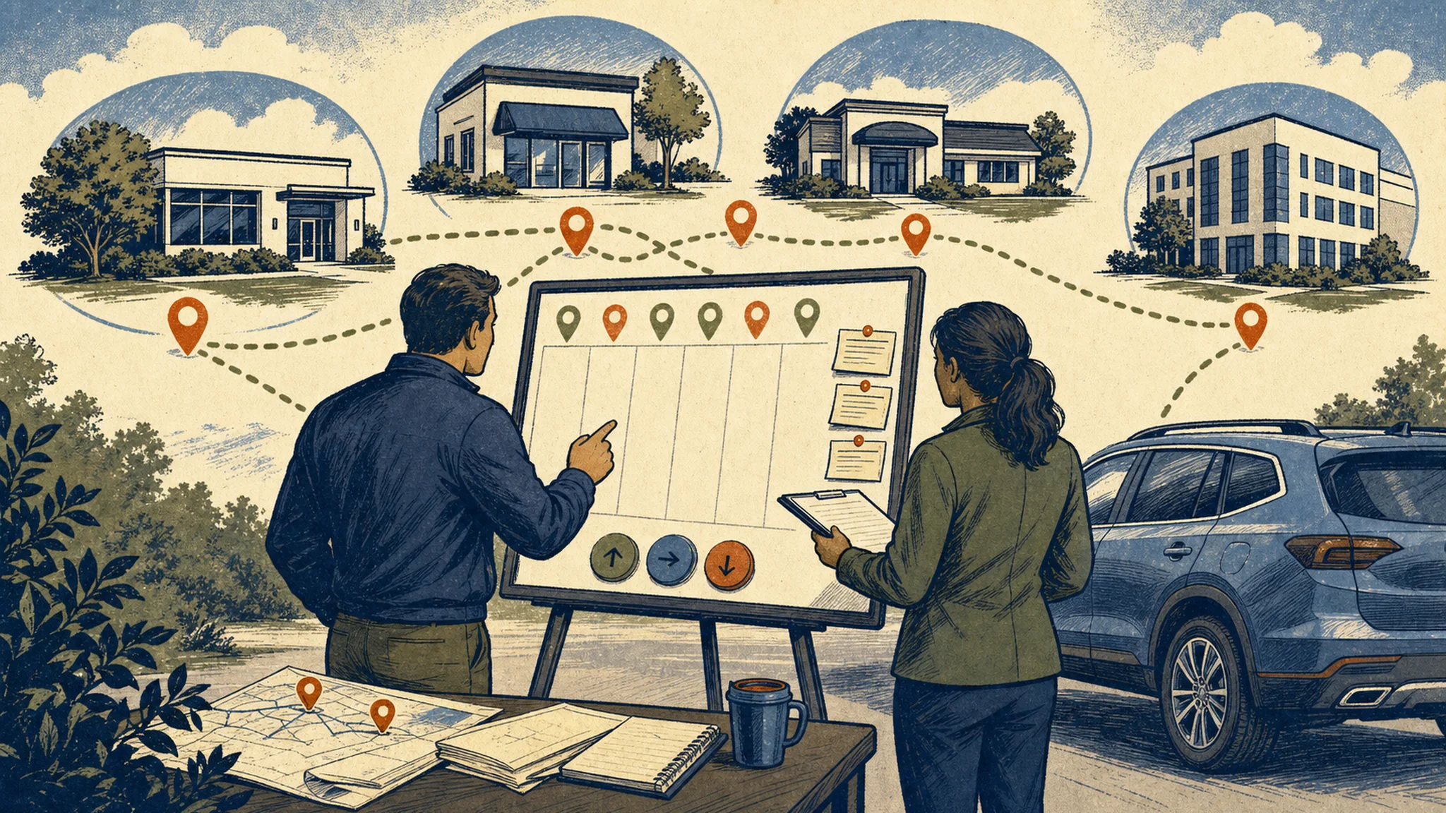 Lab sales manager scorecard shown as a route review board catching territory drift.