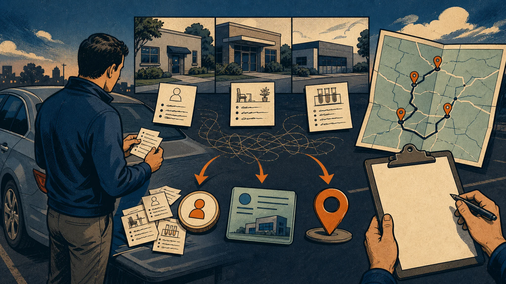 Lab sales CRM workflow shown as visit notes becoming next-route actions.