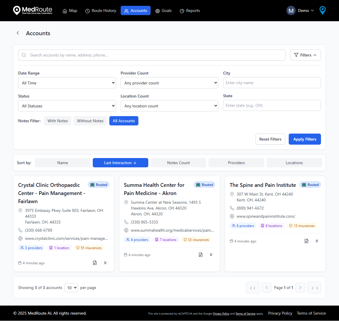 MedRoute AI planning dashboard — accounts sorted by priority and territory