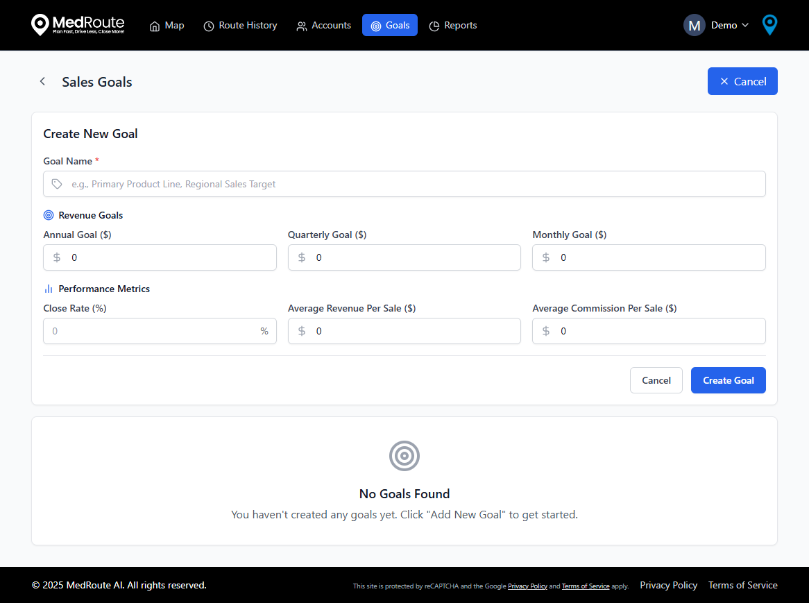 MedRoute goals dashboard used to track lab sales activity and quota progress.