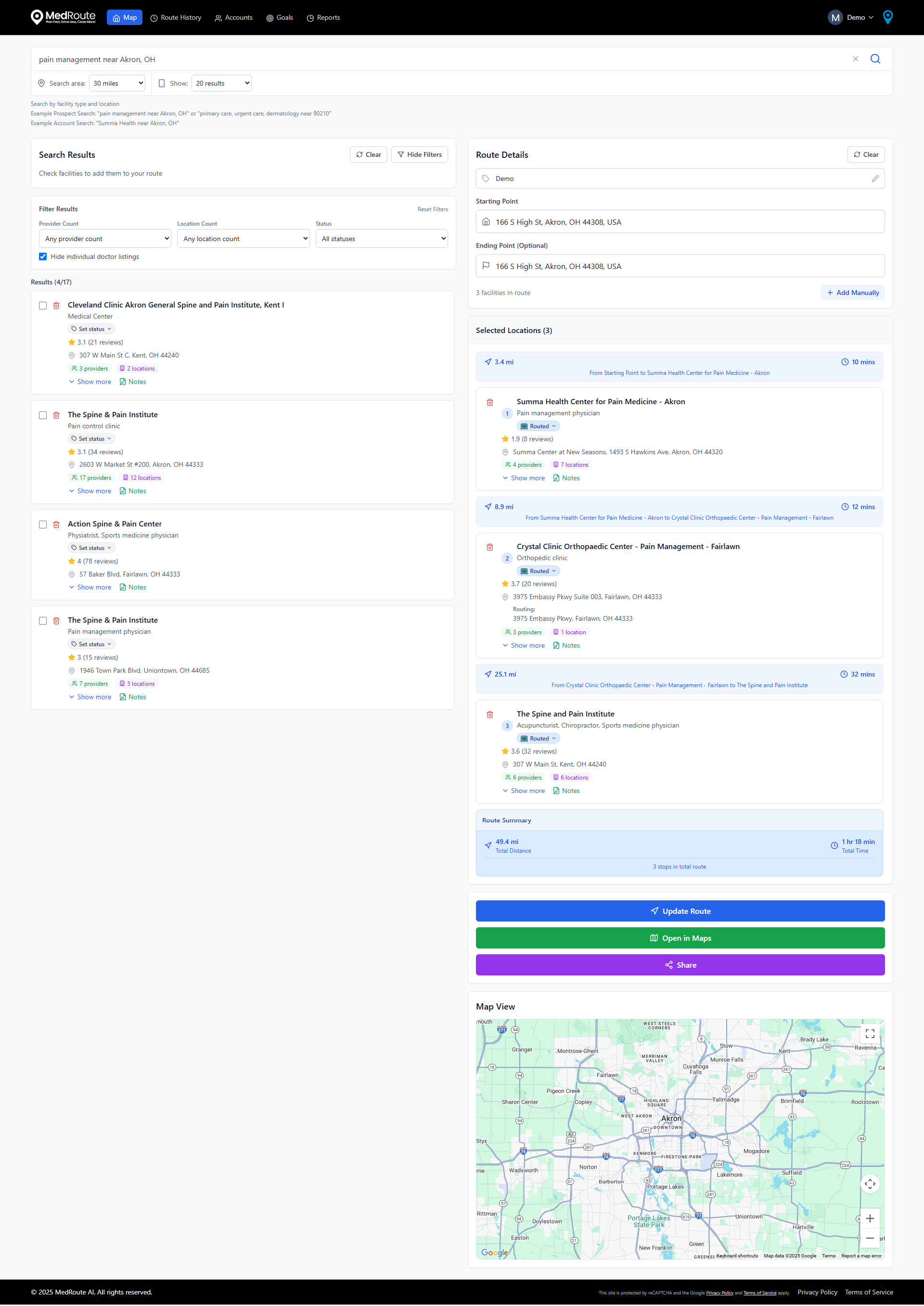 MedRoute map view showing a multi-stop route for lab account visits.